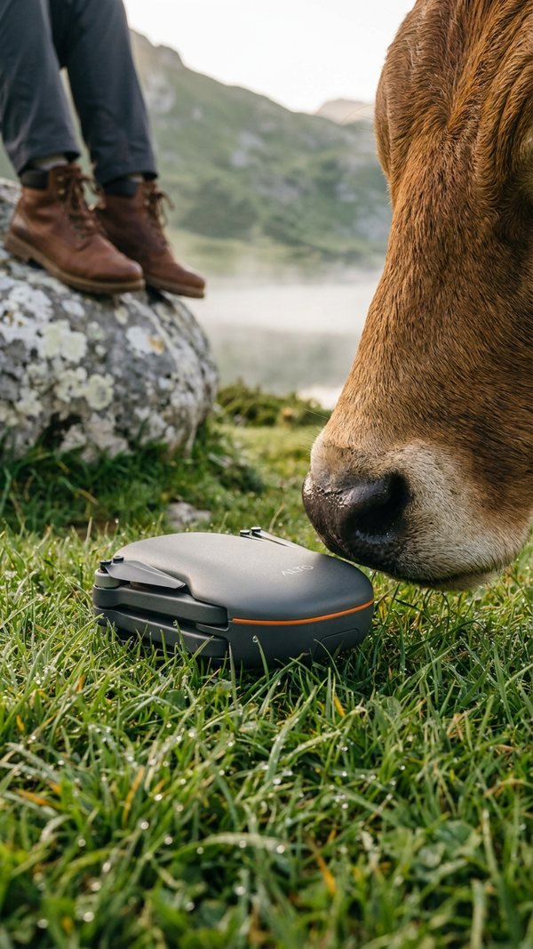 Una vaca olisquea el dron plegado sobre la hierba