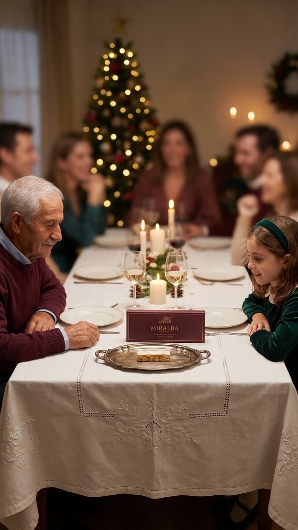 Mesa de Nochebuena con una sola pieza de turrón en la bandeja
