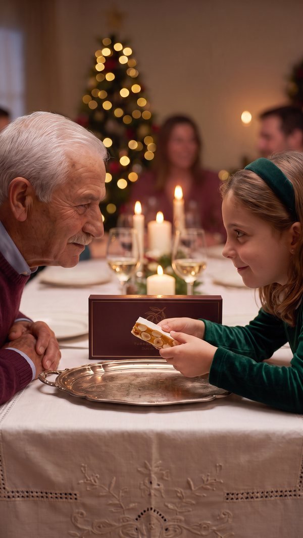 La nieta sostiene la pieza de turrón