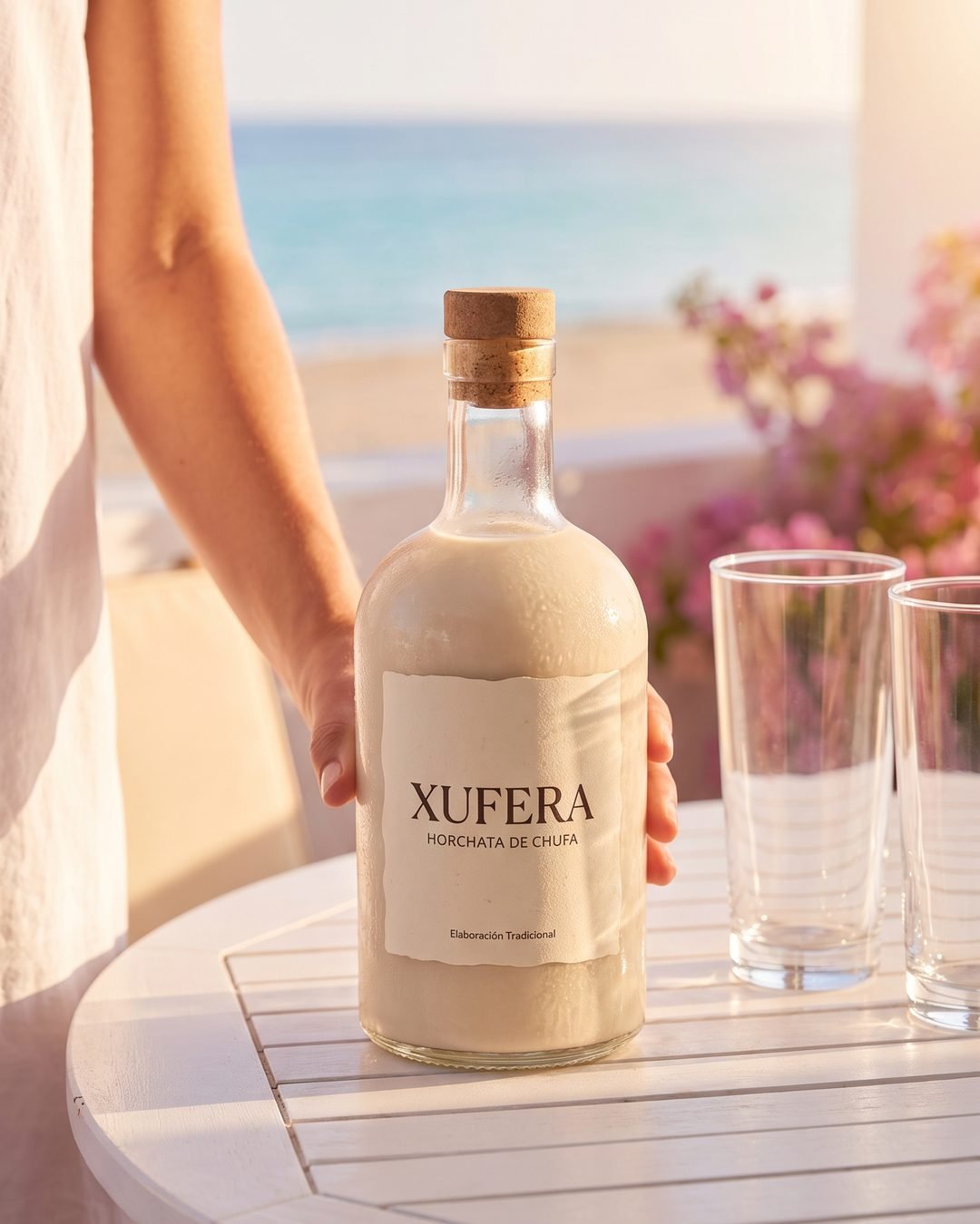 Botella de XUFERA sobre una mesa frente al mar